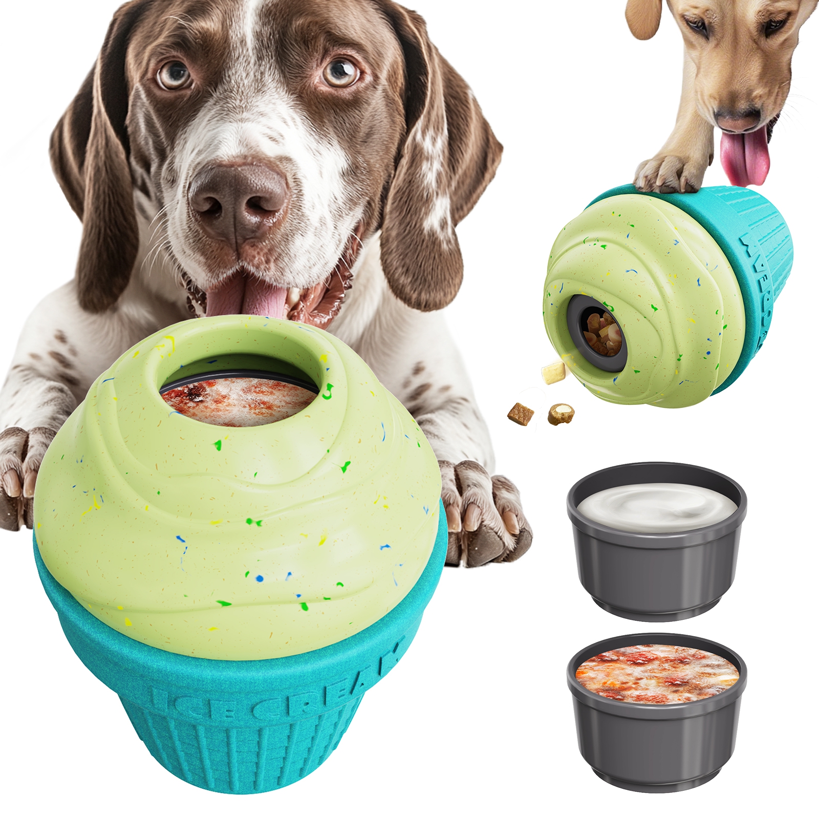 KADTC ALl IN ONE 3 in 1 Dog Enrichment Toys - Fillable Freeze Treat Dispenser Chew Toy Ice Cream